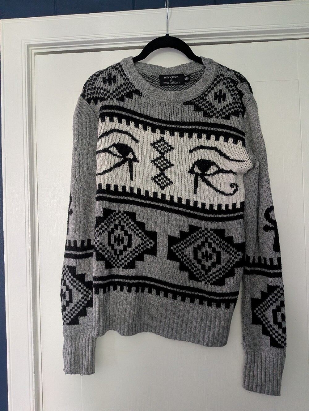 MINKPINK Gray and Black Patterned Crewneck Sweater
